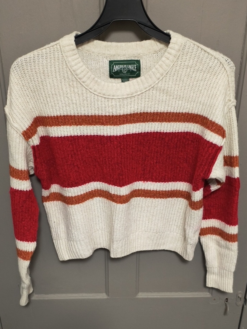 American Eagle Outfitters Cream Sweater with Red and Rust Stripes